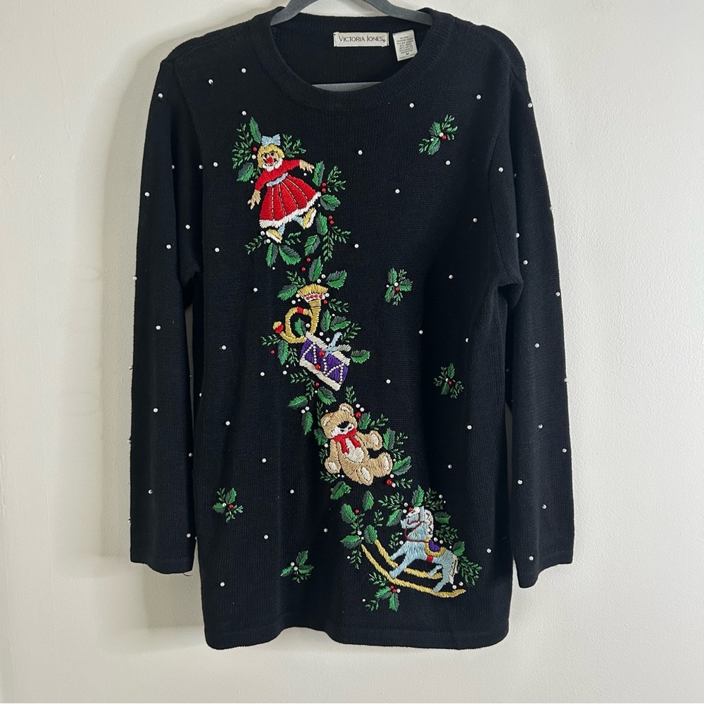 Victoria Jones Sweater Black Beaded Christmas Ugly Tacky Embroidered Doll Toys M